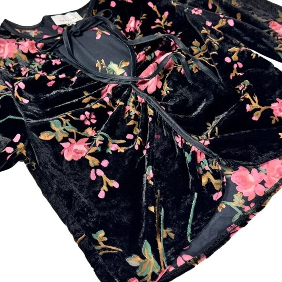 Boho Burntout Velvet Floral Crop Top Blouse Sz.S Black Bishop Sleeve Fairy Goth - Picture 8 of 11